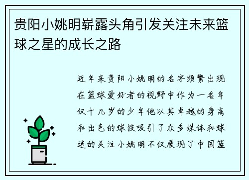 贵阳小姚明崭露头角引发关注未来篮球之星的成长之路